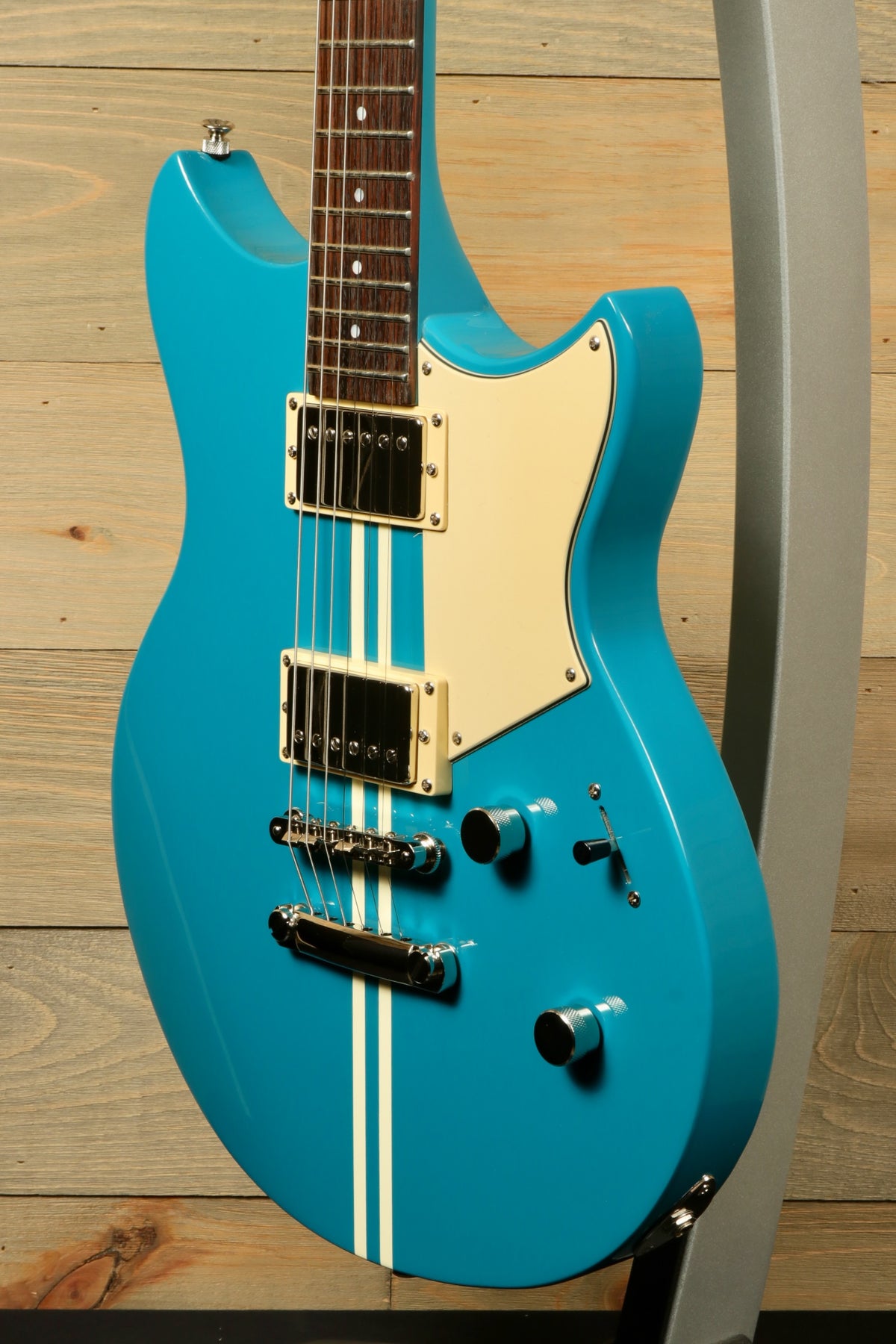 Yamaha Revstar Standard RSS20 Electric Guitar in Swift Blue, side view with dual pickups