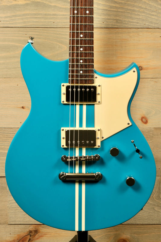 Yamaha Revstar Standard RSS20 Electric Guitar Swift Blue, front view with dual pickups and striped design