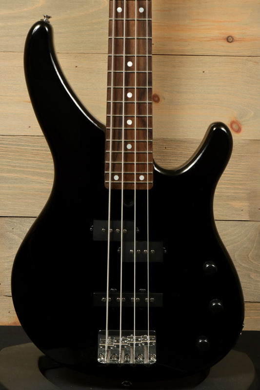 Yamaha TRBX174 black bass guitar, front view showcasing sleek design and full fretboard