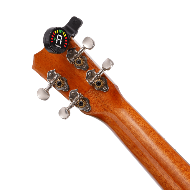 D'Addario Nexxus 360 rechargeable tuner attached to guitar headstock for accurate tuning