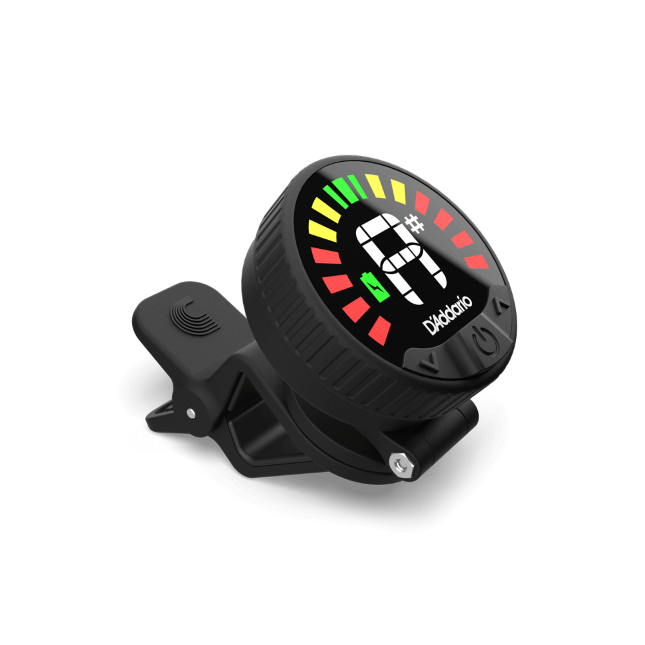 D'Addario Nexxus 360 rechargeable tuner with a colorful display for accurate guitar tuning